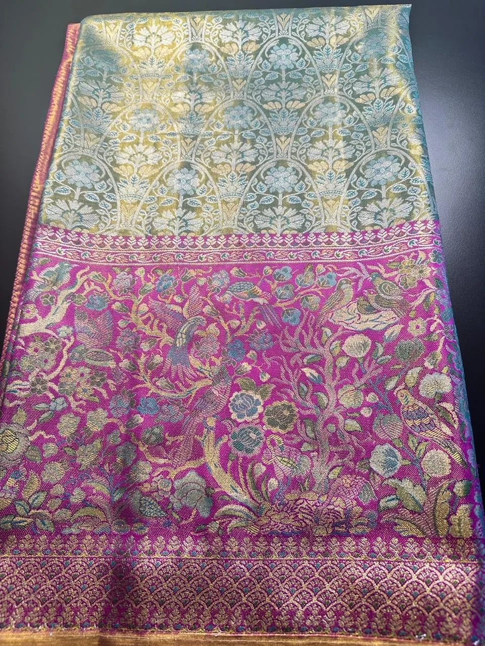 Traditional Kanchi Pattu Tissue Meenakari Semi Silk Saree | Green Color, Zari weaving, Heavy Maggam Work Blouse, Shipping from USA