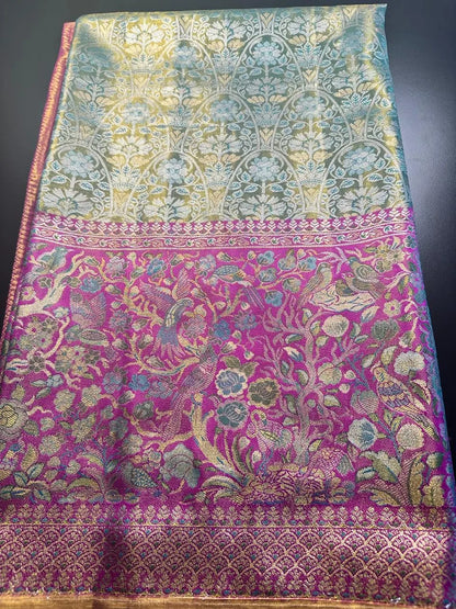 Traditional Kanchi Pattu Tissue Meenakari Semi Silk Saree | Green Color, Zari weaving, Heavy Maggam Work Blouse, Shipping from USA