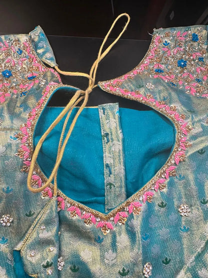 Traditional Kanchi Pattu Tissue Meenakari Semi Silk Saree | Pink Color, Zari weaving, Heavy Maggam Work Blouse, Shipping from USA (Copy)