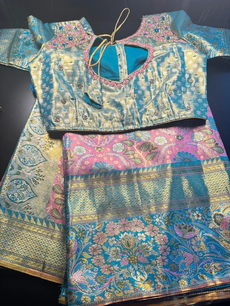 Traditional Kanchi Pattu Tissue Meenakari Semi Silk Saree | Pink Color, Zari weaving, Heavy Maggam Work Blouse, Shipping from USA (Copy)