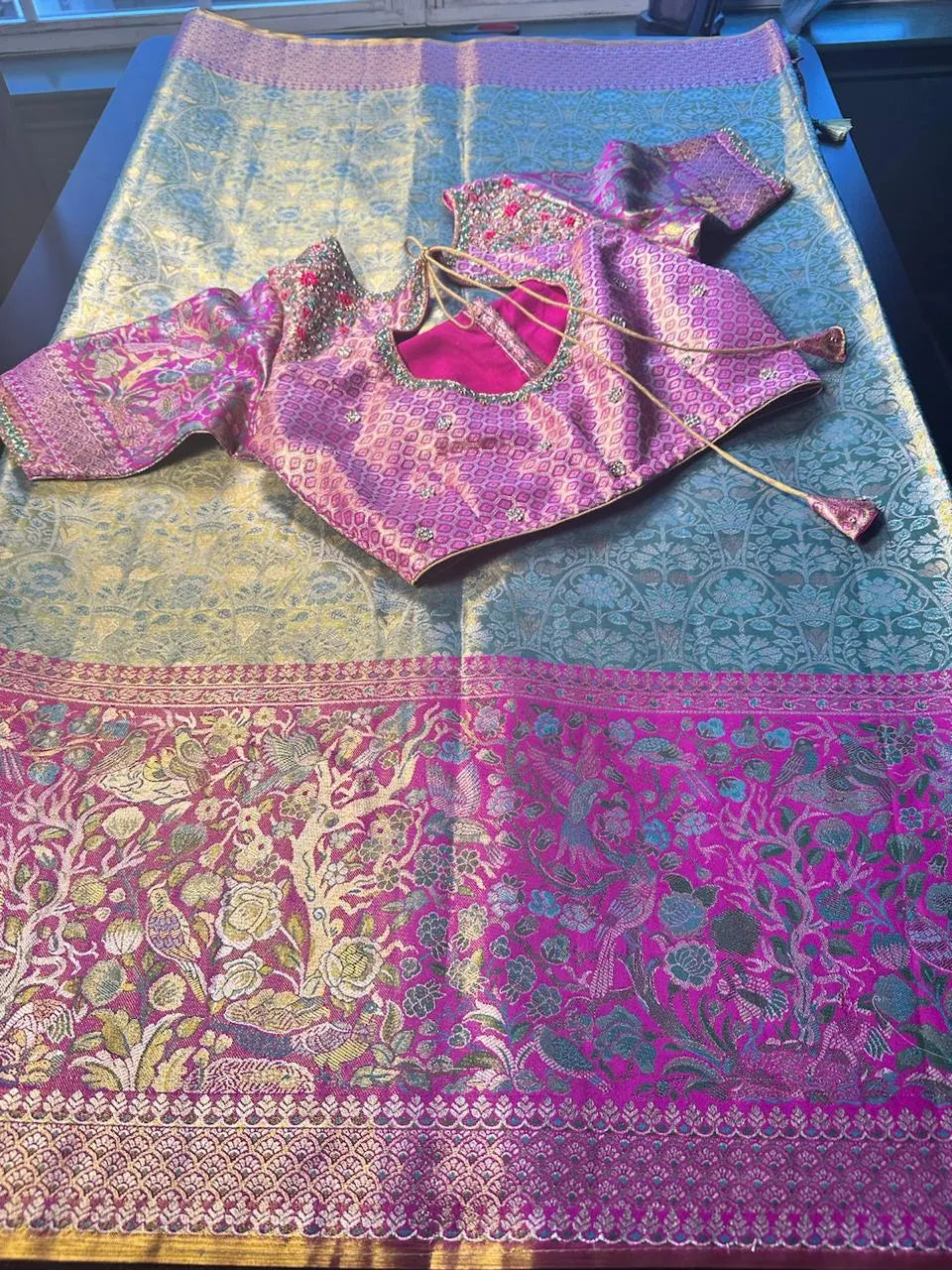 Traditional Kanchi Pattu Tissue Meenakari Semi Silk Saree | Green Color, Zari weaving, Heavy Maggam Work Blouse, Shipping from USA