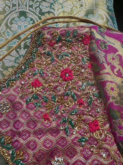 Traditional Kanchi Pattu Tissue Meenakari Semi Silk Saree | Green Color, Zari weaving, Heavy Maggam Work Blouse, Shipping from USA