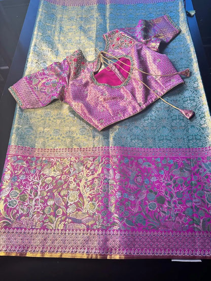 Traditional Kanchi Pattu Tissue Meenakari Semi Silk Saree | Green Color, Zari weaving, Heavy Maggam Work Blouse, Shipping from USA