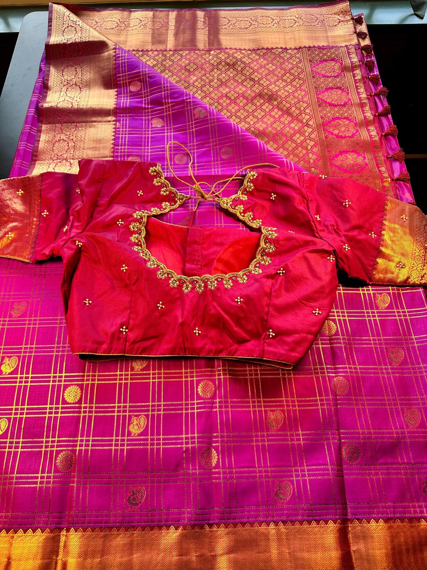 Kanjivaram Premium Silk Saree with Maggam Work Blouse,  Purple Color Ready-to-wear, Shipping from US, Partywear, Wedding Saree.