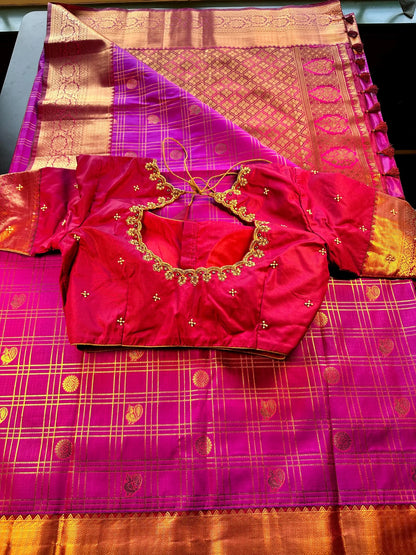 Kanjivaram Premium Silk Saree with Maggam Work Blouse,  Purple Color Ready-to-wear, Shipping from US, Partywear, Wedding Saree.
