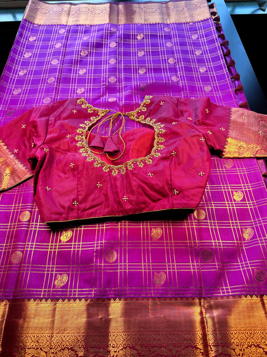 Kanjivaram Premium Silk Saree with Maggam Work Blouse,  Purple Color Ready-to-wear, Shipping from US, Partywear, Wedding Saree.