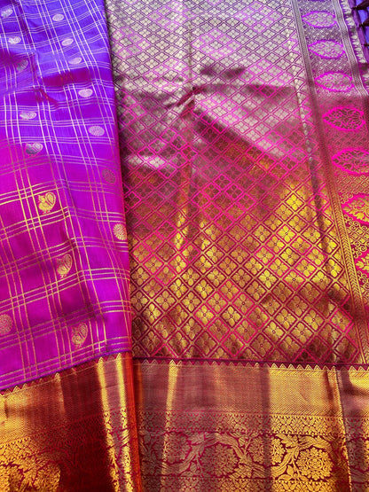 Kanjivaram Premium Silk Saree with Maggam Work Blouse,  Purple Color Ready-to-wear, Shipping from US, Partywear, Wedding Saree.