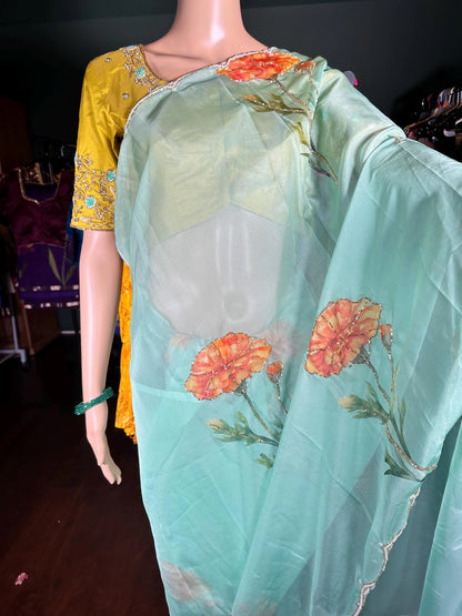 Elegant Floral Cutdana Beads Appliqué Work Partywear Soft & Silky Saree with Beautiful Heavy Maggam Work Blouse, Shipping from USA