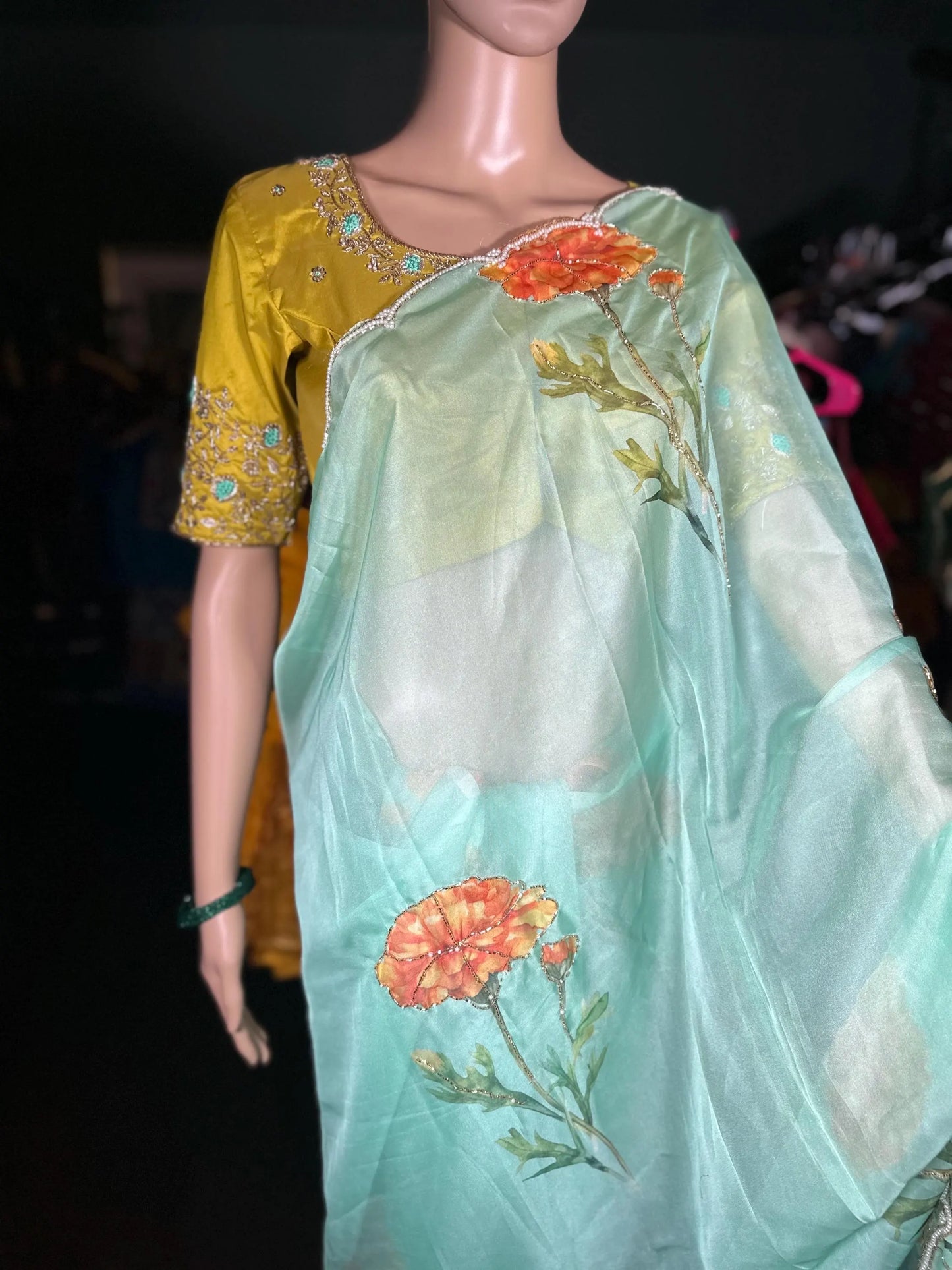 Elegant Floral Cutdana Beads Appliqué Work Partywear Soft & Silky Saree with Beautiful Heavy Maggam Work Blouse, Shipping from USA
