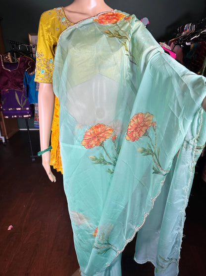 Elegant Floral Cutdana Beads Appliqué Work Partywear Soft & Silky Saree with Beautiful Heavy Maggam Work Blouse, Shipping from USA