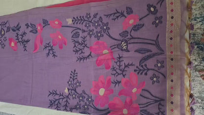 Munga cotton saree lavender shade with thread woven floral buttas in borderless style