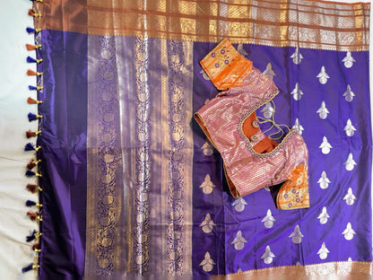 Chiniya Pattu Saree with Stitched Maggam Work Blouse Blue