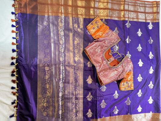 Chiniya Pattu Saree with Stitched Maggam Work Blouse Blue