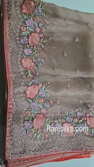 Exclusive Embroidered Pure Organza Saree buy from USA with Threadwork Border & Matching Blouse – Lightweight & Elegant