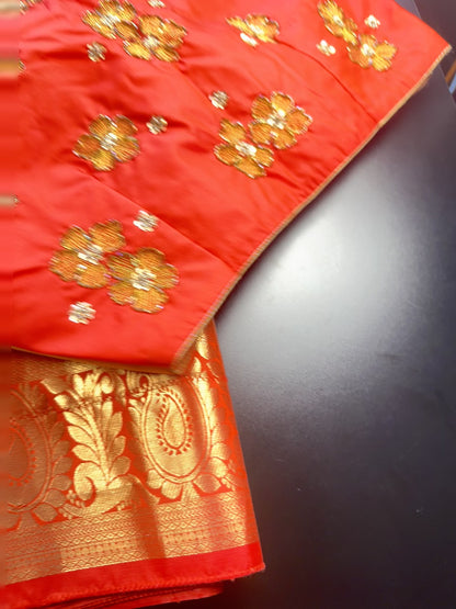 Premium Kanjivaram Silk Saree with Maggam Work Blouse | Ready-to-Wear Orange Wedding Saree | USA Shipping