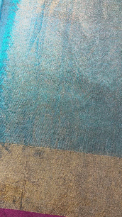 Handloom Pure Silk Tissue Saree with contrast Pallu Maggam Work Blue plus running blouse. Blouse fits size 36 can extend till 42