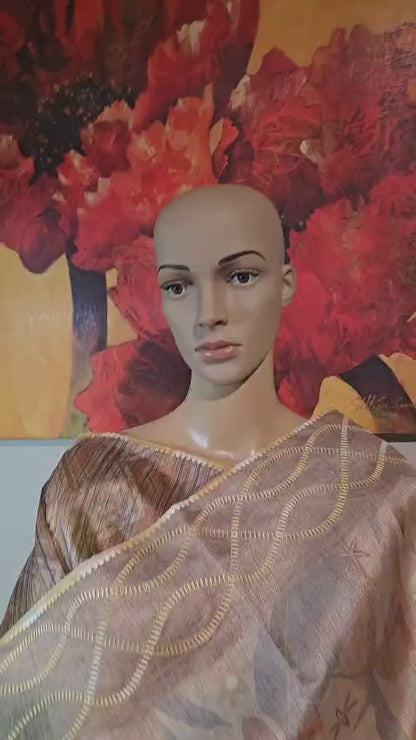 USA Shipping Buy Biscuit Color Semi-Silk Saree with Digital Print & Beautiful Crochet Border