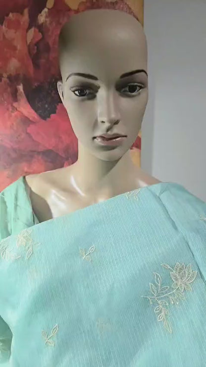 Exclusive Silk Saree Appliqué Work – Buy Silky Kotta Saree with Thread Work & Chanderi Blouse – Ships from USA- Green