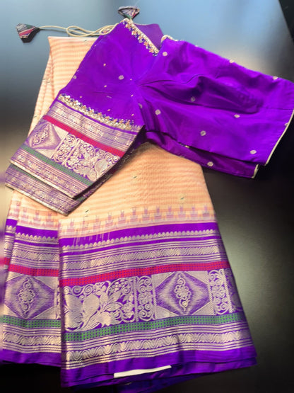 Handloom Pure Gadwal Pure Silk Saree with Designer Maggam Work Ready-to-Wear Blouse | USA Shipping Light Peach and Blue