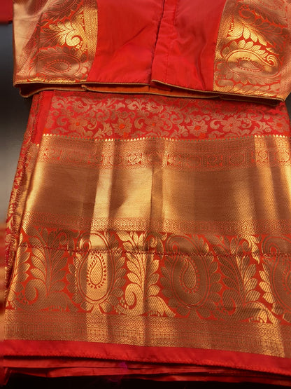 Premium Kanjivaram Silk Saree with Maggam Work Blouse | Ready-to-Wear Orange Wedding Saree | USA Shipping