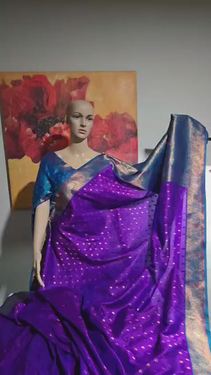 Pure Soft Paithani Silk Saree with Contrast Weaving Border & Rich Pallu – Shipped from USA Purple