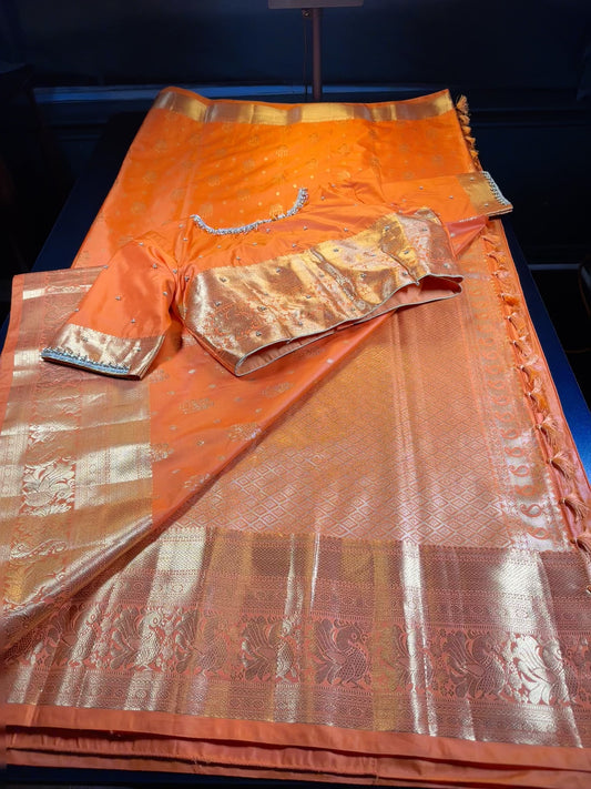 Kanchipuram Premium Semi Silk Saree with Maggam Work Blouse, Orange Color Ready-to-wear, Shipping from US, Partywear, Wedding Saree.