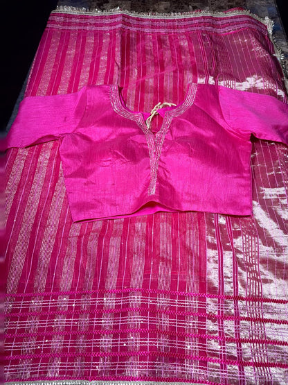 Fancy Saree with Stitched Blouse Rani Pink