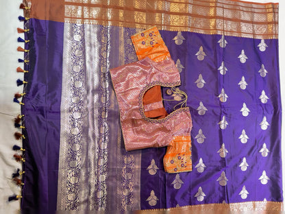 Chiniya Pattu Saree with Stitched Maggam Work Blouse Blue