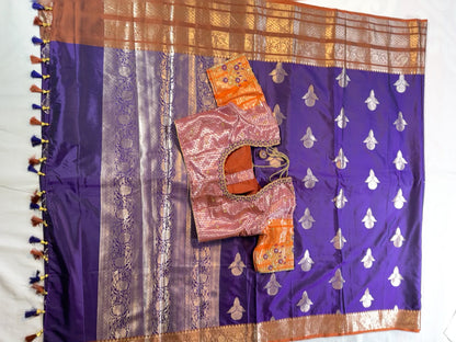 Chiniya Pattu Saree with Stitched Maggam Work Blouse Blue