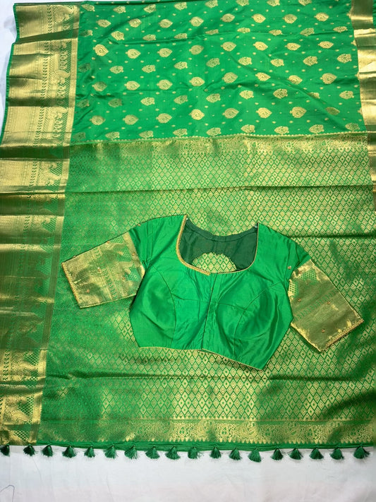 Green Kanjivaram Semi Silk Saree for Wedding, Reception & Party | Embellished Stitched Blouse