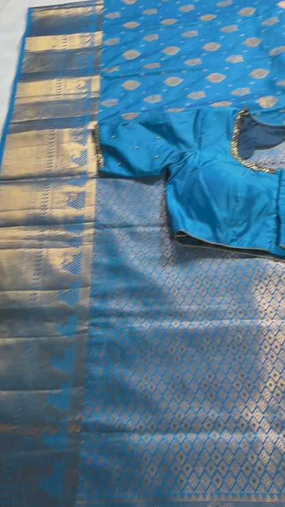 Premium Blue Kanjivaram Semi Silk Saree with  Hand Maggam Work Blouse | Indian Wedding & Festive Wear