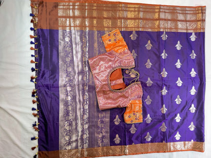 Chiniya Pattu Saree with Stitched Maggam Work Blouse Blue