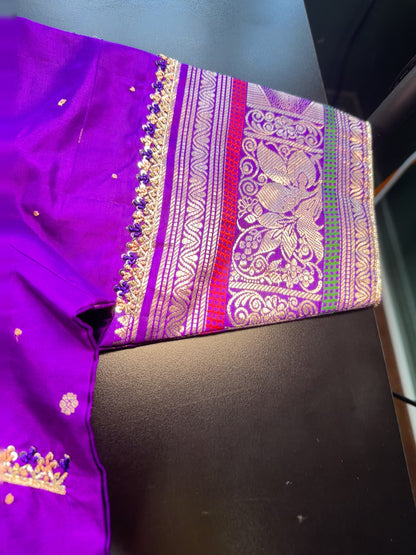 Handloom Pure Gadwal Pure Silk Saree with Designer Maggam Work Ready-to-Wear Blouse | USA Shipping Light Peach and Blue