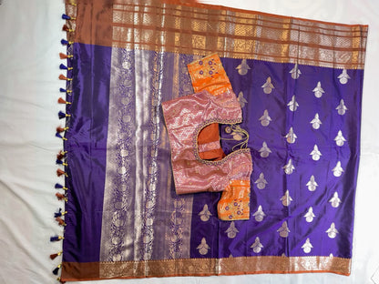 Chiniya Pattu Saree with Stitched Maggam Work Blouse Blue