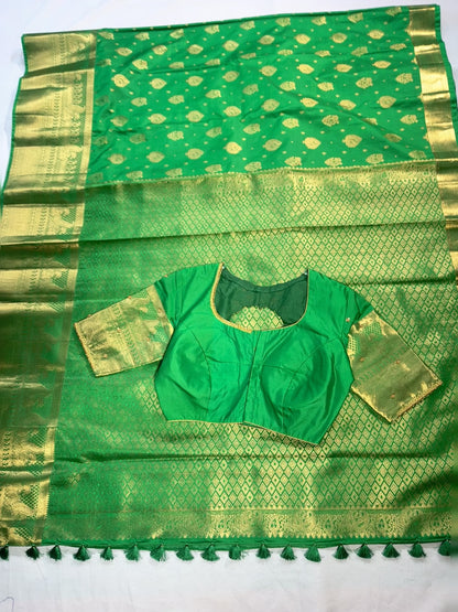 Green Kanjivaram Semi Silk Saree for Wedding, Reception &amp; Party | Embellished Stitched Blouse