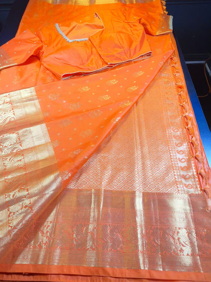 Kanchipuram Premium Semi Silk Saree with Maggam Work Blouse, Orange Color Ready-to-wear, Shipping from US, Partywear, Wedding Saree.