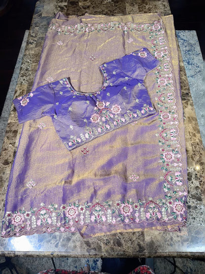 Fancy Saree with Stitched Blouse Purple