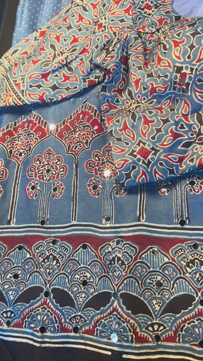 Pure Modal Silk Ajrak Hand Block Saree with all over Mirror Work with Stitched Blouse