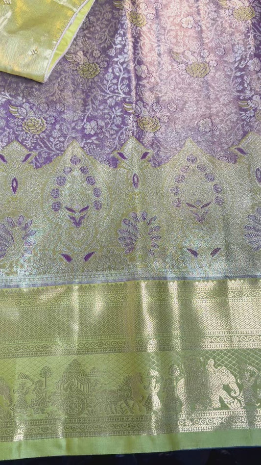 Kanchipuram Premium Tissue Silk Saree with Maggam Work Blouse,  Purple Color Ready-to-wear, Shipping from US, Partywear, Wedding Saree. Purple Gold