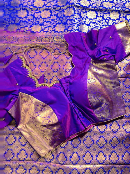 Premium Kanjivaram Semi Silk Saree Kanchipattu Saree with Stitched Maggam Work Blouse – Blue Wedding & Party Wear Saree | Shipping from USA