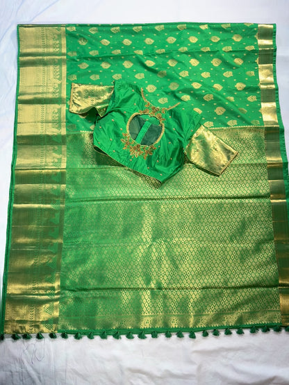 Green Kanjivaram Semi Silk Saree for Wedding, Reception &amp; Party | Embellished Stitched Blouse
