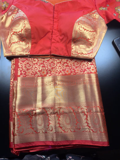 Premium Kanjivaram Silk Saree with Maggam Work Blouse | Ready-to-Wear Orange Wedding Saree | USA Shipping