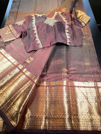 Handloom Mangalagiri Pue Silk Saree with Maggam Work Blouse| Fast Shipping from the USA | Cofee Brown