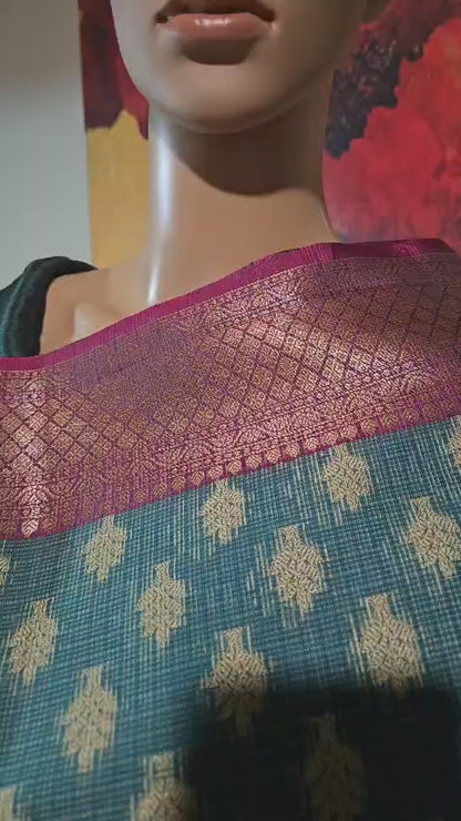 Banaras  Chanderi Kota Very Soft Silk Saree | Allover Zari Buti & Zari Border | Elegant Handwoven Saree Blue