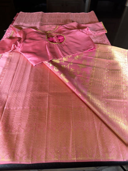 Handloom Pure Kanjivaram Pure Silk Saree | Silk Mark Certified Kanchi Pattu Saree, Stitched Blouse, Partywear, Wedding Saree, Shipping from USA Pink
