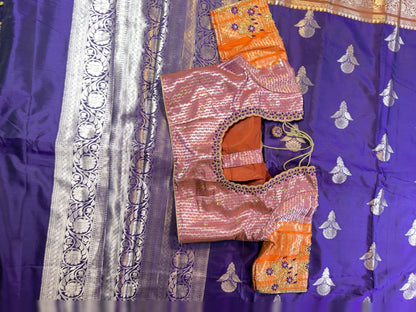 Chiniya Pattu Saree with Stitched Maggam Work Blouse Blue