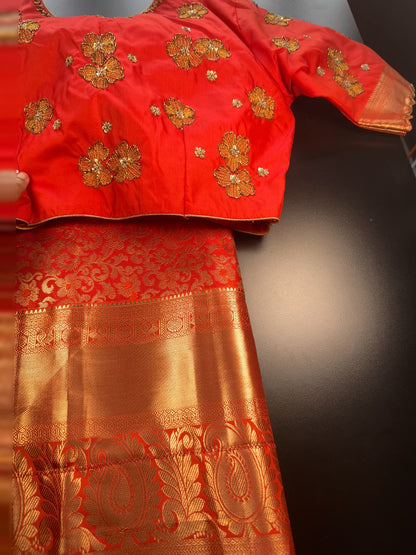 Premium Kanjivaram Silk Saree with Maggam Work Blouse | Ready-to-Wear Orange Wedding Saree | USA Shipping