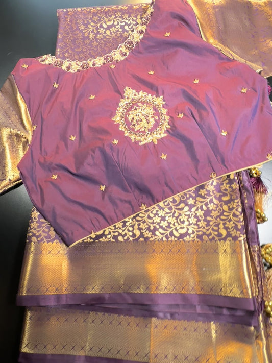 Kanchipuram Premium Silk Saree with Maggam Work Blouse Purple Shade