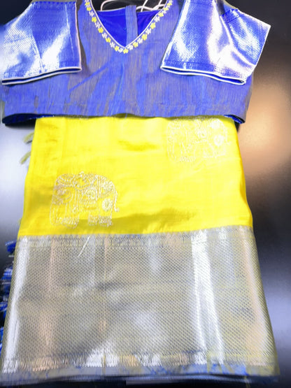 Handloom Mangalagiri Silk Saree with Blouse Green| Fast Shipping from the USA Yellow Blue