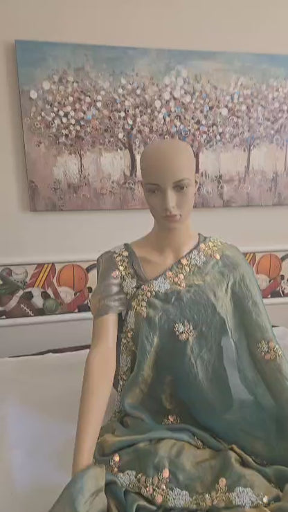 Premium Fancy Silk Saree with Sequin Brits Work & Arco Border Green– Buy from USA